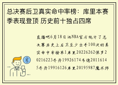 总决赛后卫真实命中率榜：库里本赛季表现登顶 历史前十独占四席