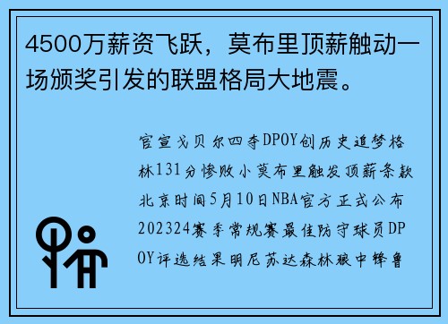 4500万薪资飞跃，莫布里顶薪触动一场颁奖引发的联盟格局大地震。